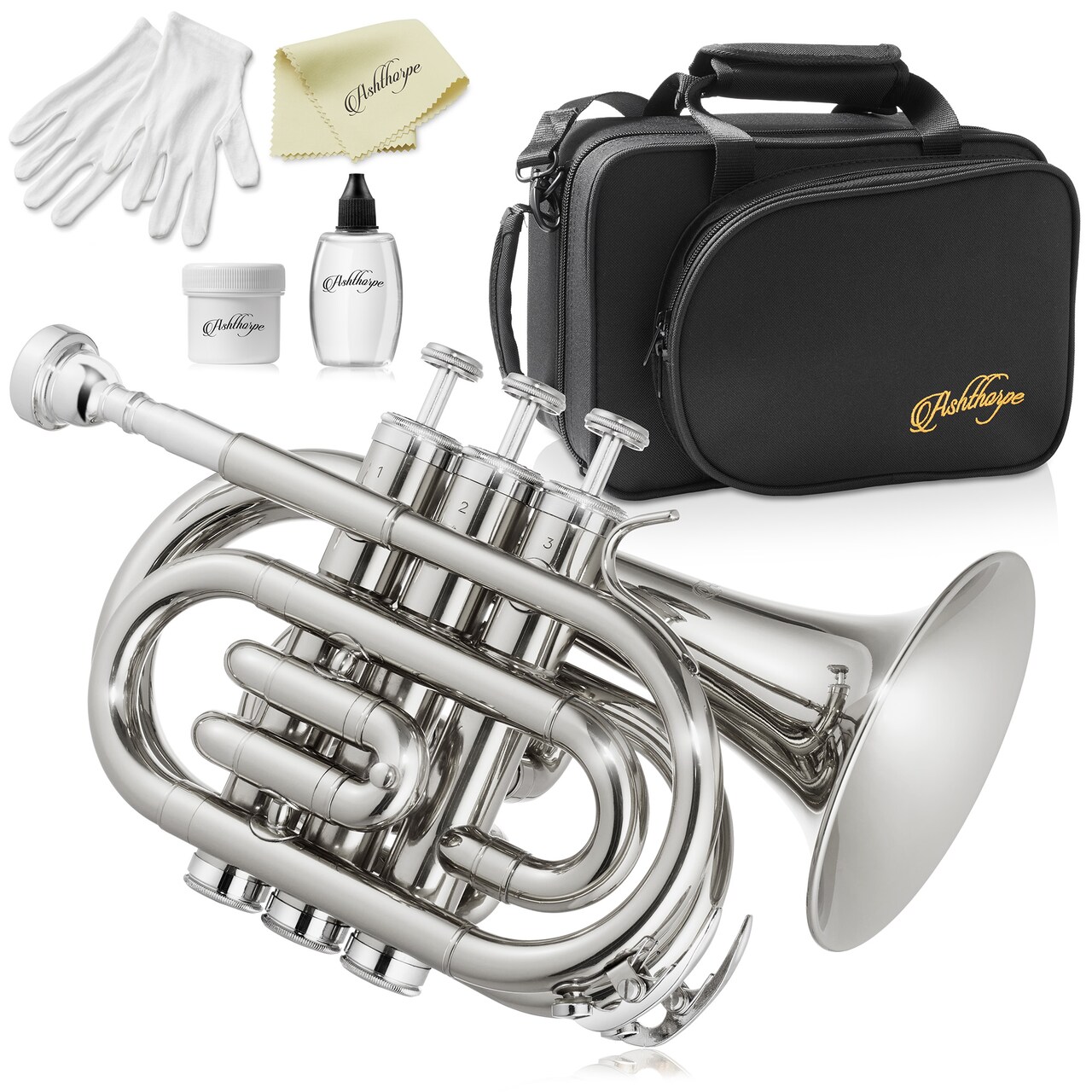 Ashthorpe Bb Brass Pocket Trumpet - Includes Case, Mouthpiece, Gloves, Cleaning Cloth, Valve Oil